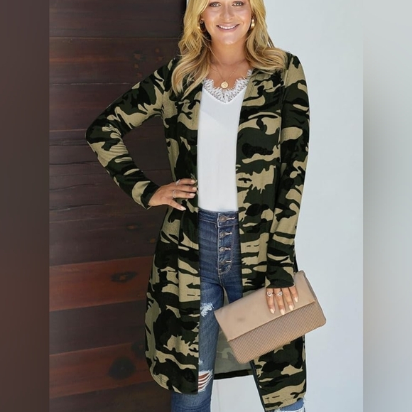 Sweaters - Women's Camouflage Open Front Long Cardigan